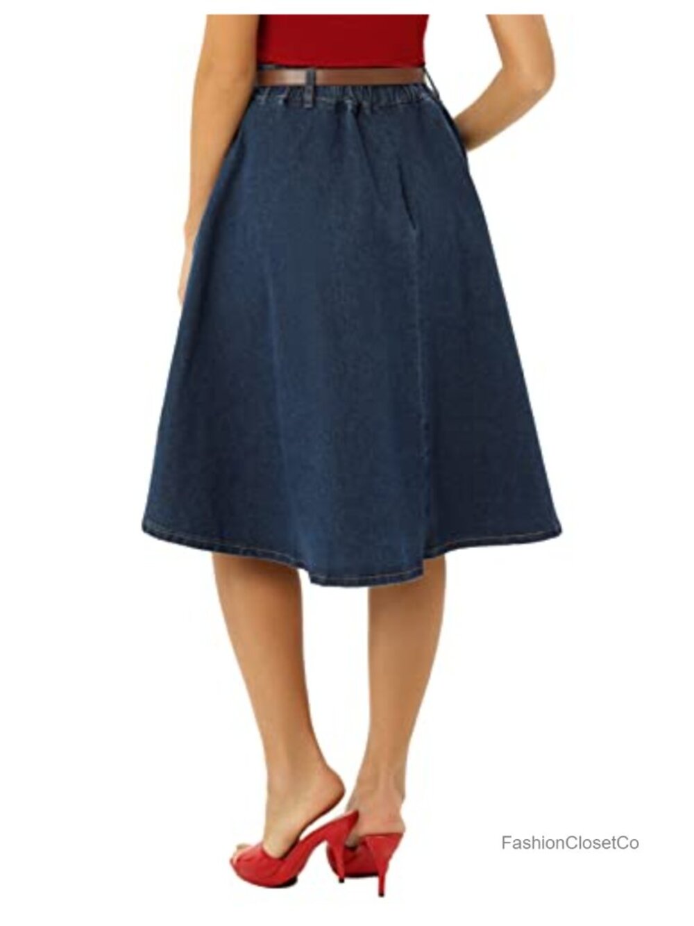 Denim Midi Skirt High Waist A-Line Vintage Below Knee Pockets Belt - Picture 4 of 6